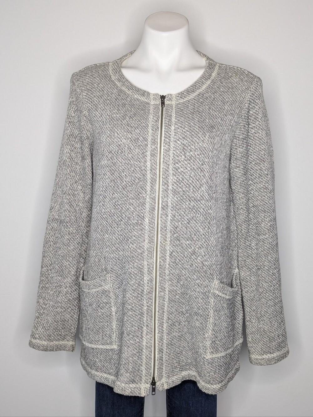 Eileen Fisher Grey Organic Cotton Long Sleeve Zip Up Sweater Cardigan Jacket M